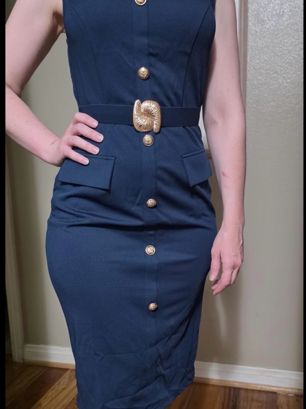 Classic Navy Sheath Dress with Gold Button Detail